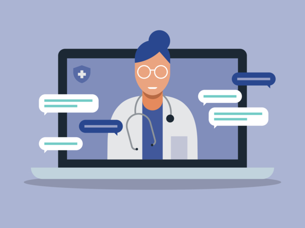 Illustration of telemedicine doctor visit medical exam on laptop computer