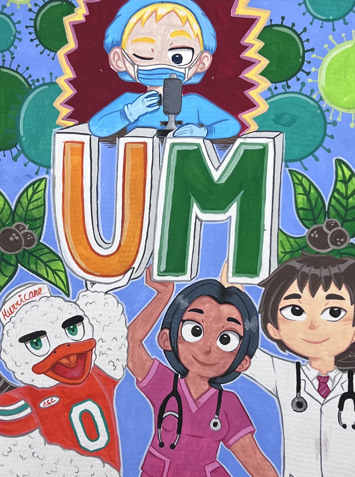 A hand drawn image featuring the UM logo and 3 health care workers. 