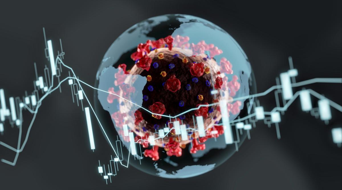 Line chart superimposed on top of an illustration of a coronavirus cell