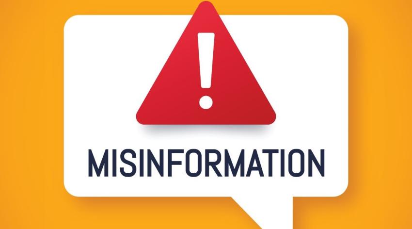 A white speech bubble on a yellow background with an exclamation mark in a red triangle and the word "MISINFORMATION" inside of it.